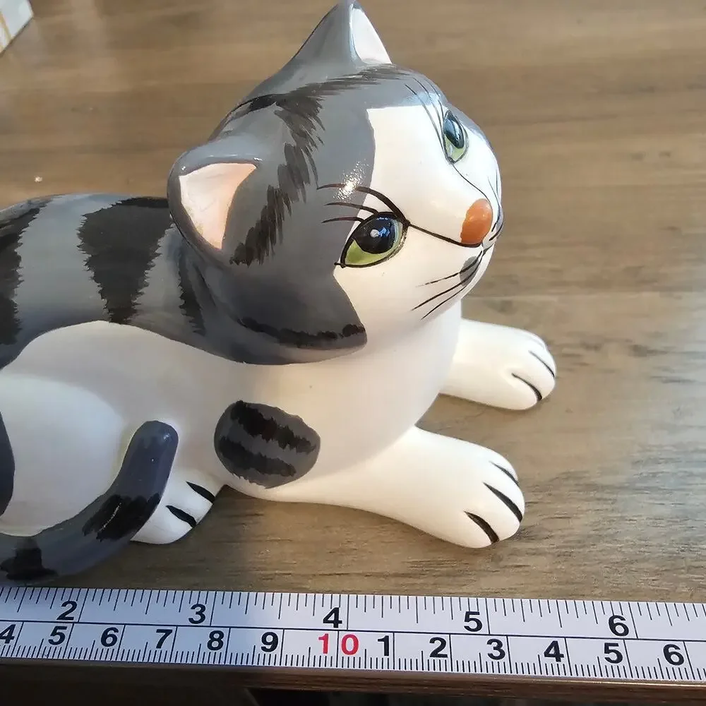 Vintage 1985 Royal Orleans Ceramic Tabby Cat Figurine Gray White Kitty Japan